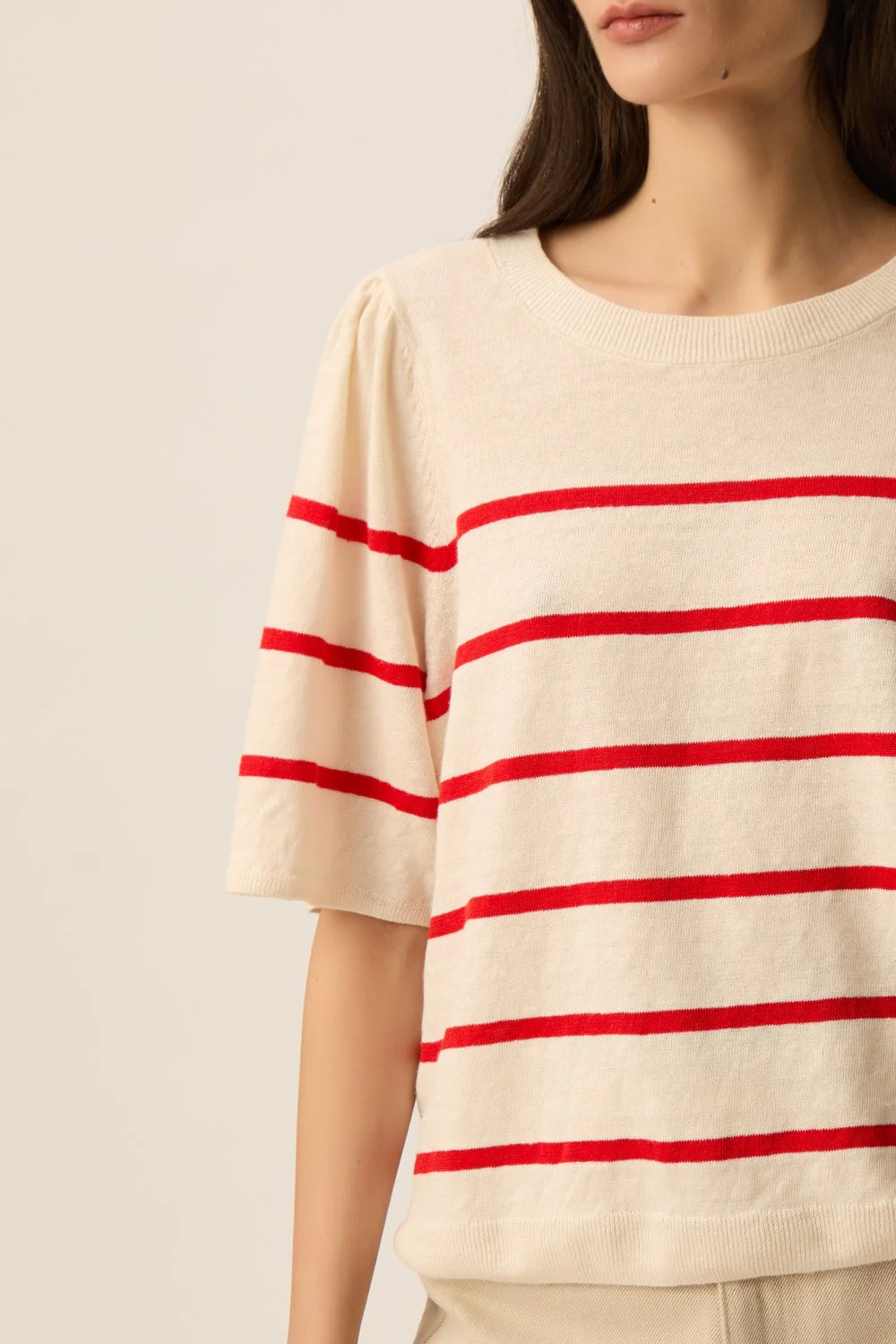 Leinen Pullover BRUNA, ecru/rot gestreift | des petits hauts - toietmoi-laboutique
