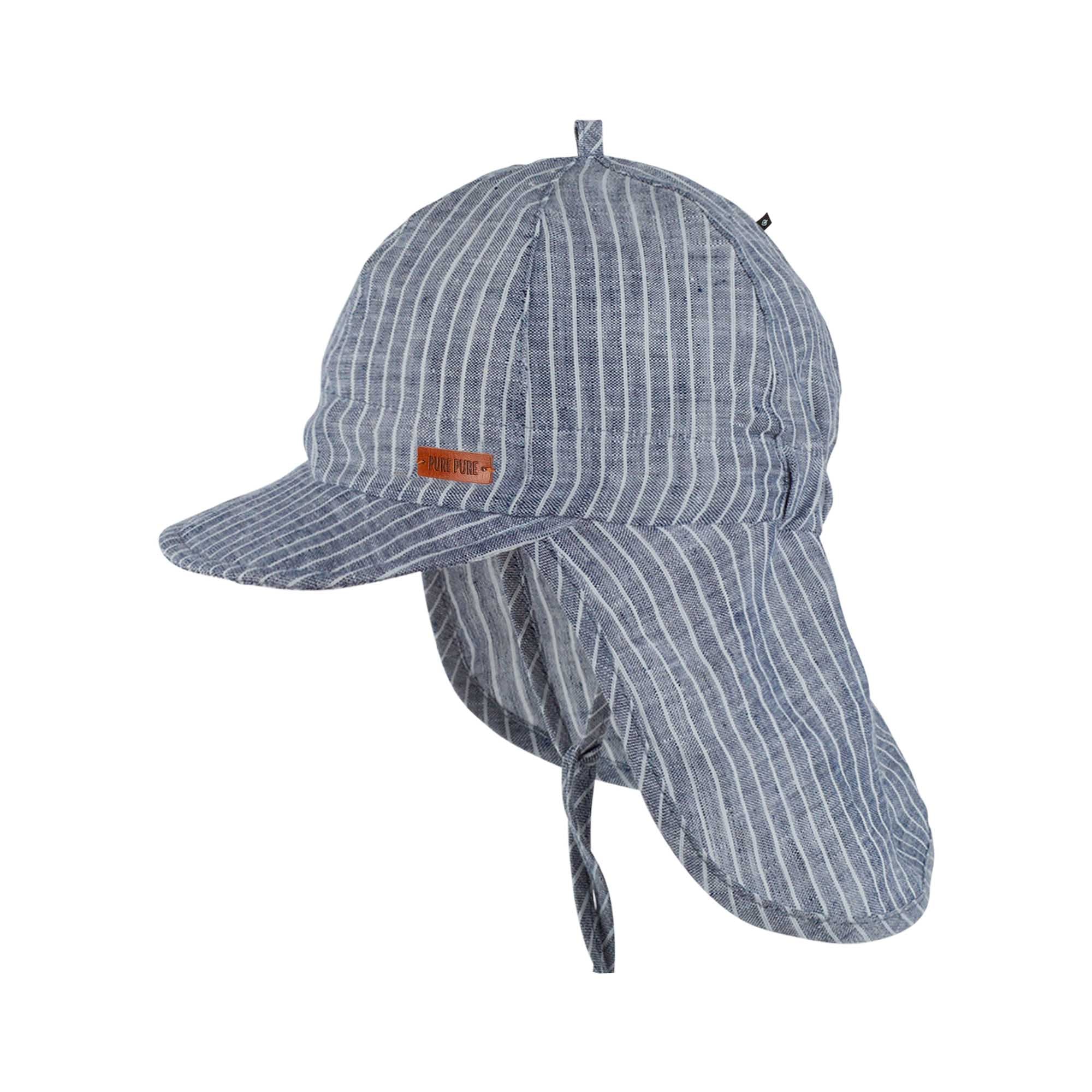 Leinen Mütze mit Nackenschutz, denim/gestreift | Pure Pure - toietmoi-laboutique