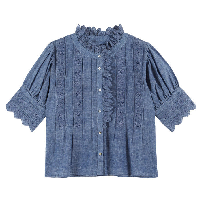 Bluse mit Stehkragen, jeansblau | Émile et Ida - toietmoi-laboutique