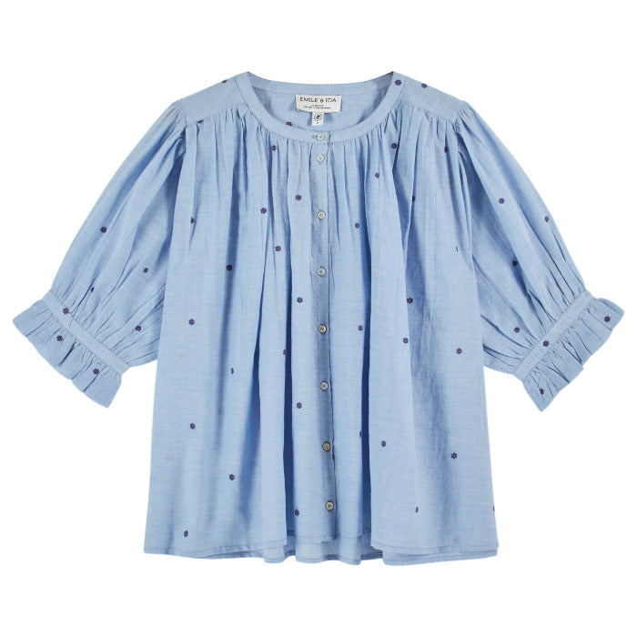 Bluse KHADI mit Stickereien, hellblau | Émile et Ida - toietmoi-laboutique