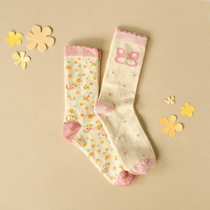 Socken 2-er Pack, ecru/Schmetterling/Blumen | Rockahula - toietmoi-laboutique