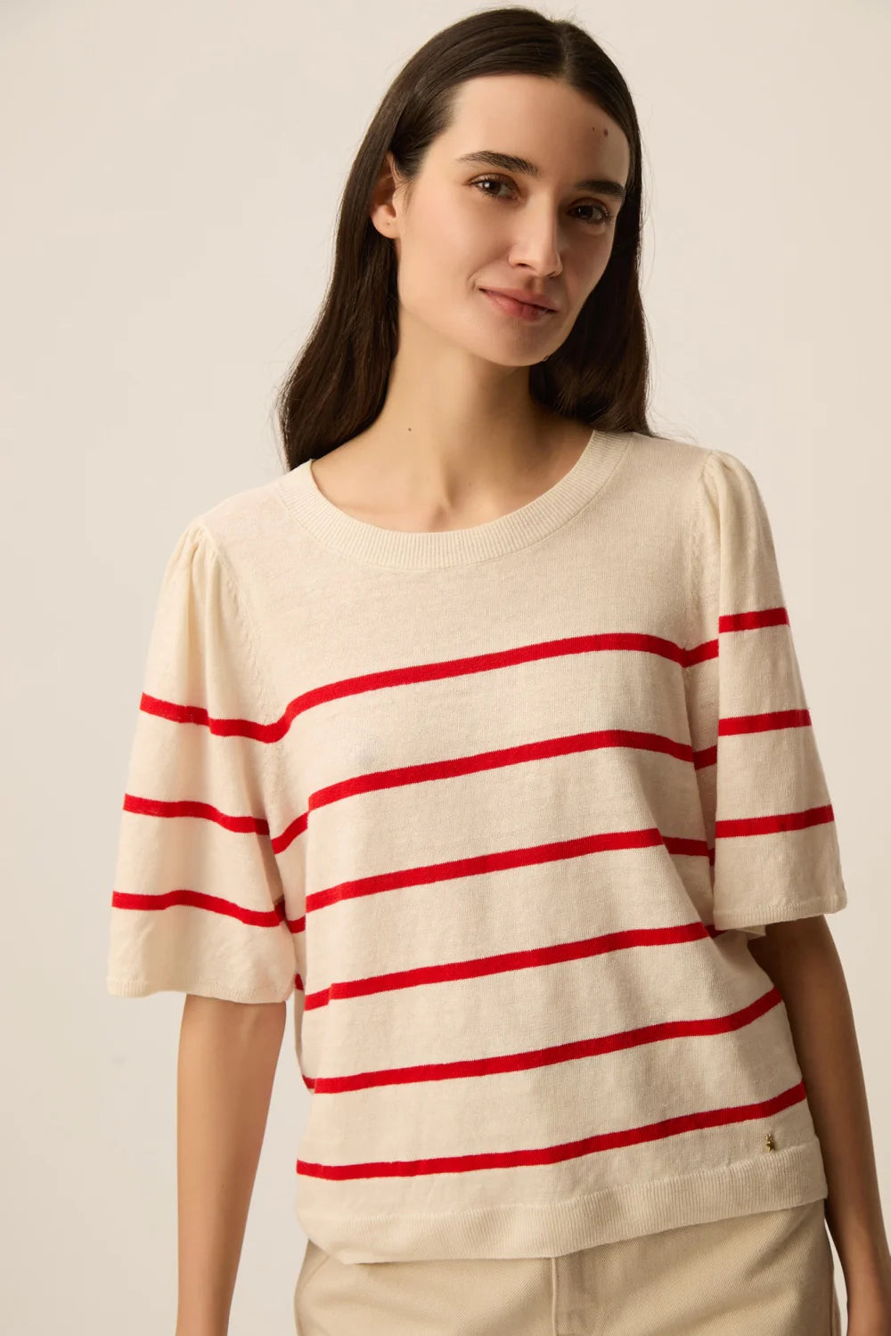 Leinen Pullover BRUNA, ecru/rot gestreift | des petits hauts - toietmoi-laboutique