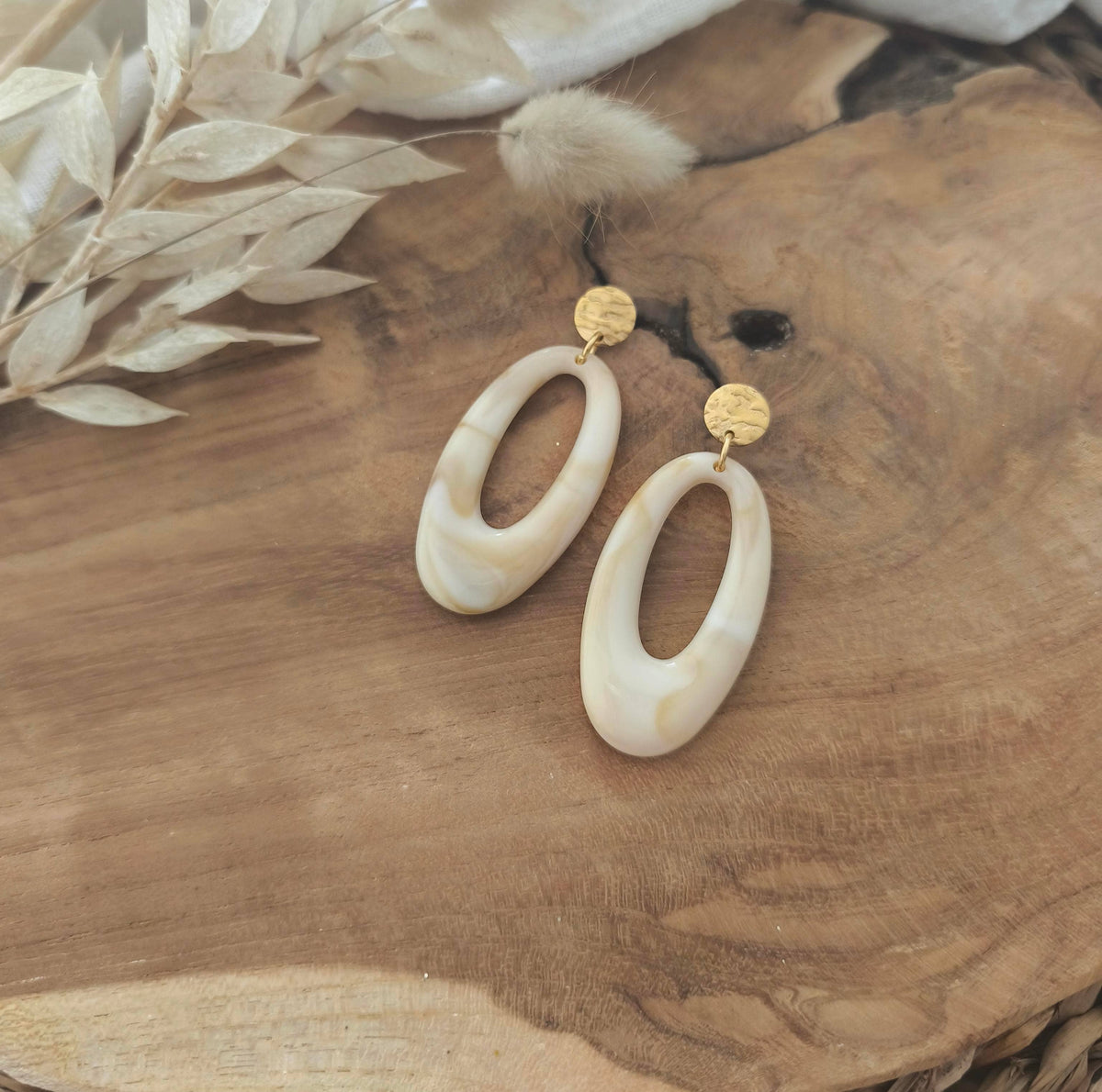 Ohrringe, ecru/Oval | Les Noeuds de Maman - toietmoi-laboutique