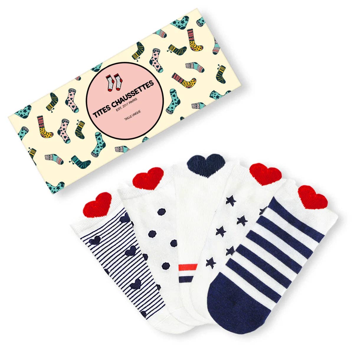 Sneaker Socken, blau/weiss gestreift Herz TU | Tites Chaussettes - toietmoi-laboutique