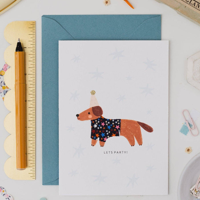 Postkarte mit Umschlag, Lets Party/Dackel, grün | The Charming Press - toietmoi-laboutique