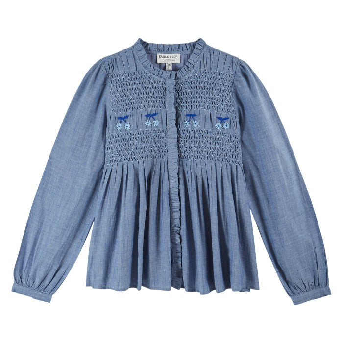 Langarm Bluse mit Smockstickerei, jeansblau | Émile et Ida - toietmoi-laboutique