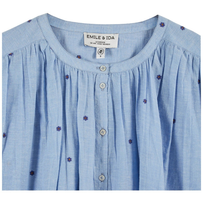 Bluse KHADI mit Stickereien, hellblau | Émile et Ida - toietmoi-laboutique