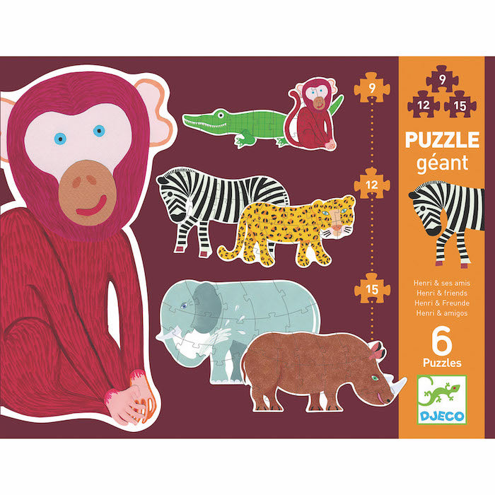 6 Riesenpuzzle Safari, 9-12-15-teilig | djeco - toietmoi-laboutique