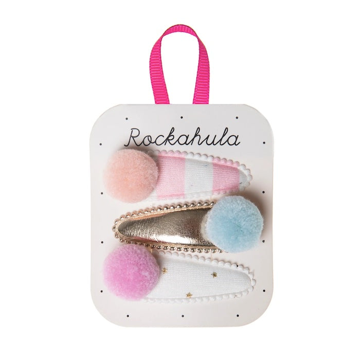 3 Haarclips, Pompom, abricot/hellblau/rosa | Rockahula - toietmoi-laboutique